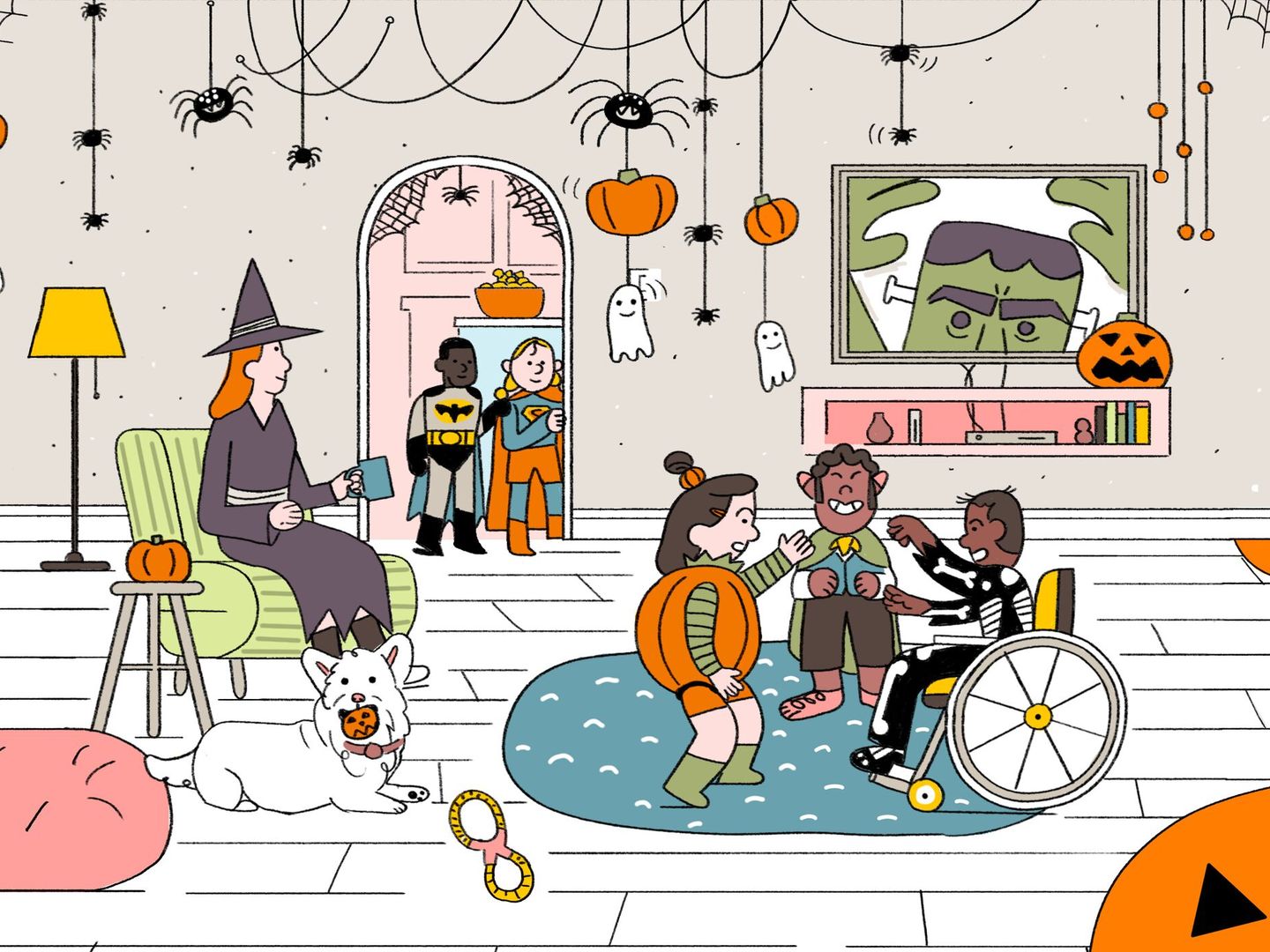 Illustration of a halloween party celebration in a house decorated with halloween decorations. A lady sits in a witch costume with a white dog playing with a pumpkin squeaky toy, whilst three children play in the middle of the floor.