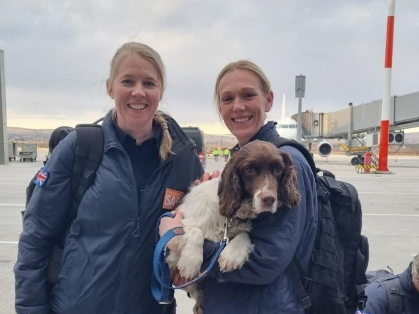 Lindsay holding Davey a brown and white Spaniel dog, at Airport along with vet Victoria Phillips.