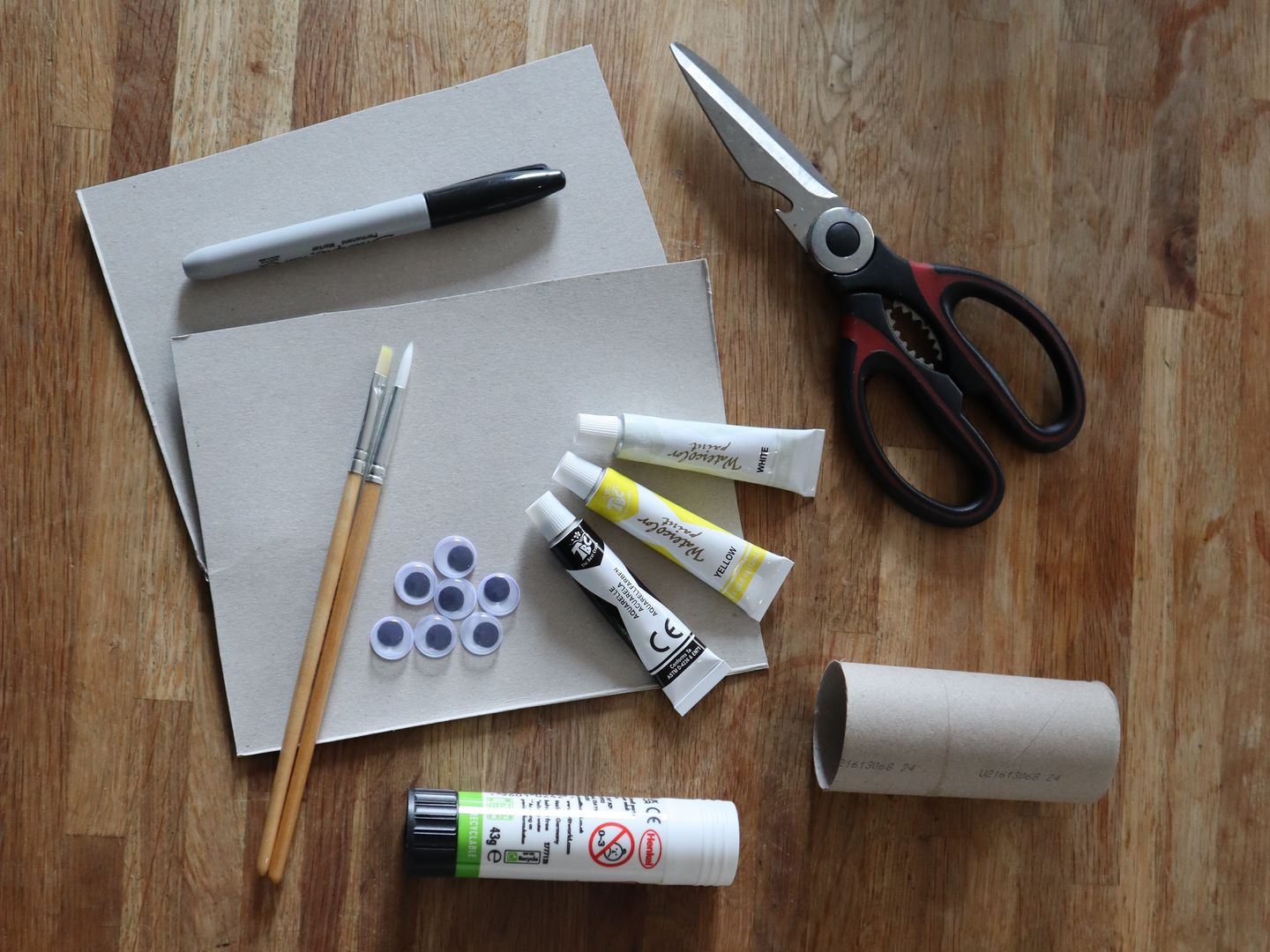 Flat-lay photograph of scissors, paint, permanent marker, googly eyes, paintbrushes, a glue stick and a toilet roll tube.