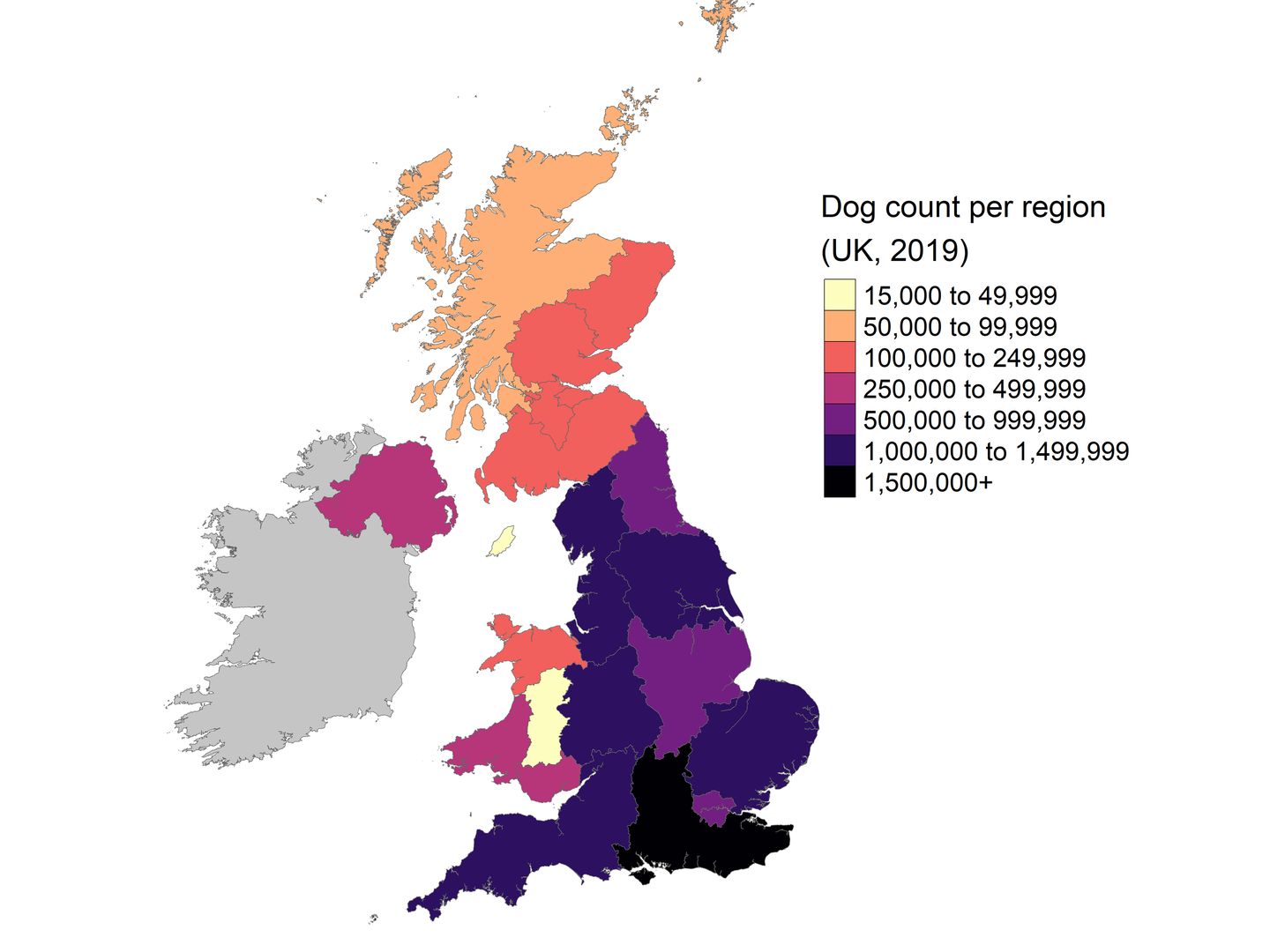 A map of the UK showing the dog population density for each region