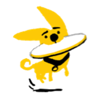 Small cartoon yellow dog holding a frisbee in its mouth.