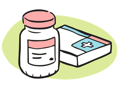 Illustration of a bottle of pills alongside a box of medication in front on a green circle.