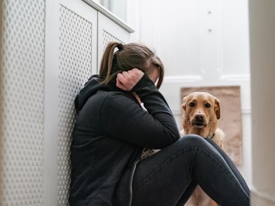 A woman lies slumped on the floor while her dog sits behind her looking worried