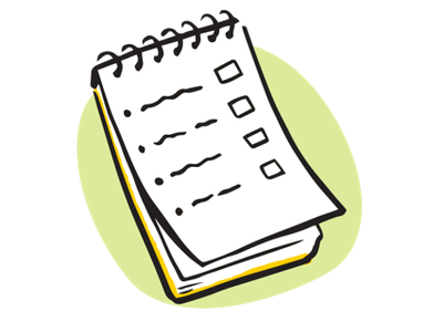 Illustrations of a checklist or questions on a white notepad