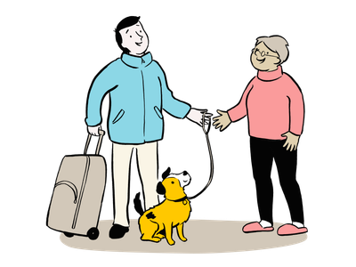 Illustration of a man giving his dog to an older woman holding a suitcase