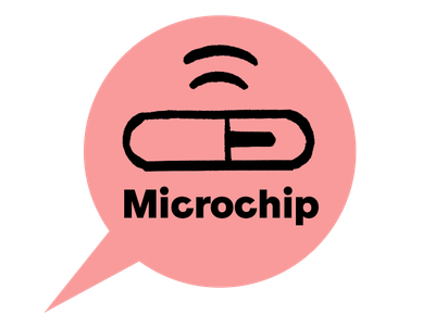 An illustration of a microchip in a pink speech bubble