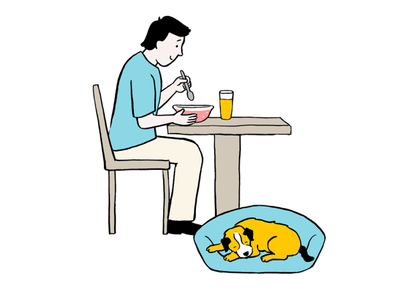 Illustration of a man eating from a bowl at a table whilst his dog lays in a bed at his feet