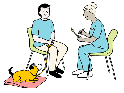 Illustration of a man and his dog having a consultation with a veterinarian