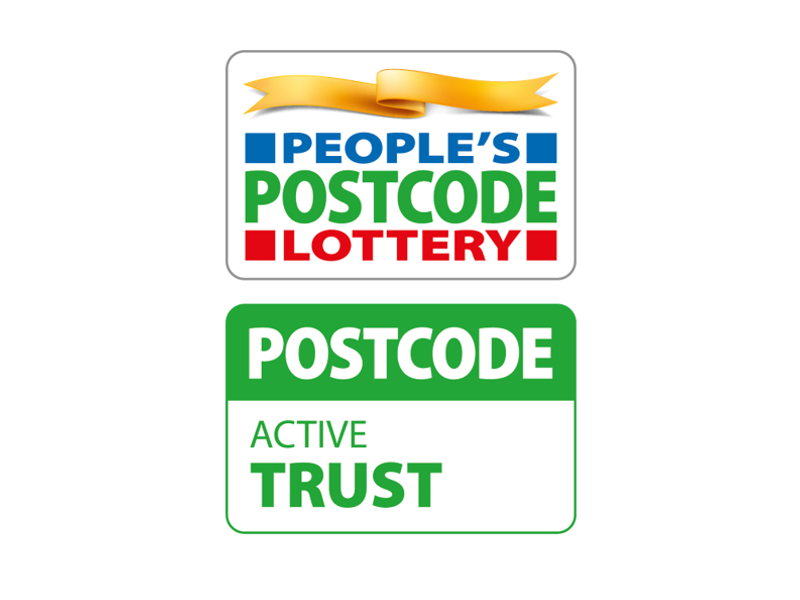 Logo for the people's postcode lottery in blue, green and red writing and postcode active trust in white and green writing, stacked vertically.