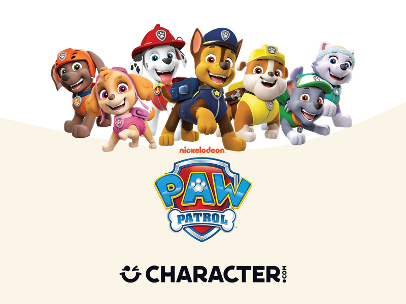 Group of Paw Patrol characters above the Paw Patrol and Character.Com logos