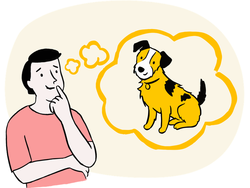 Illustration of a man thinking about a dog that is in a yellow speech bubble