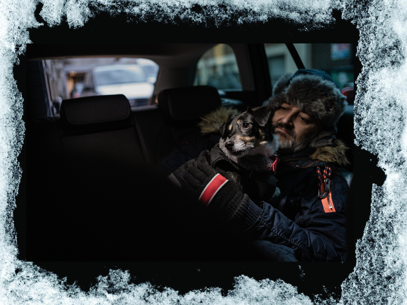 A man and a small tri-coloured dog lay in the backseat of a cold car wearing coats to keep warm