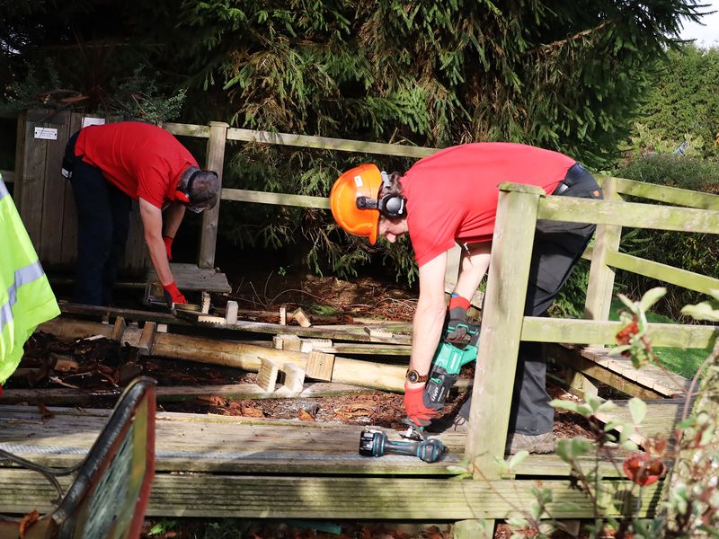 Two volunteer maintenance operatives working on building a wooden fence with power tools 